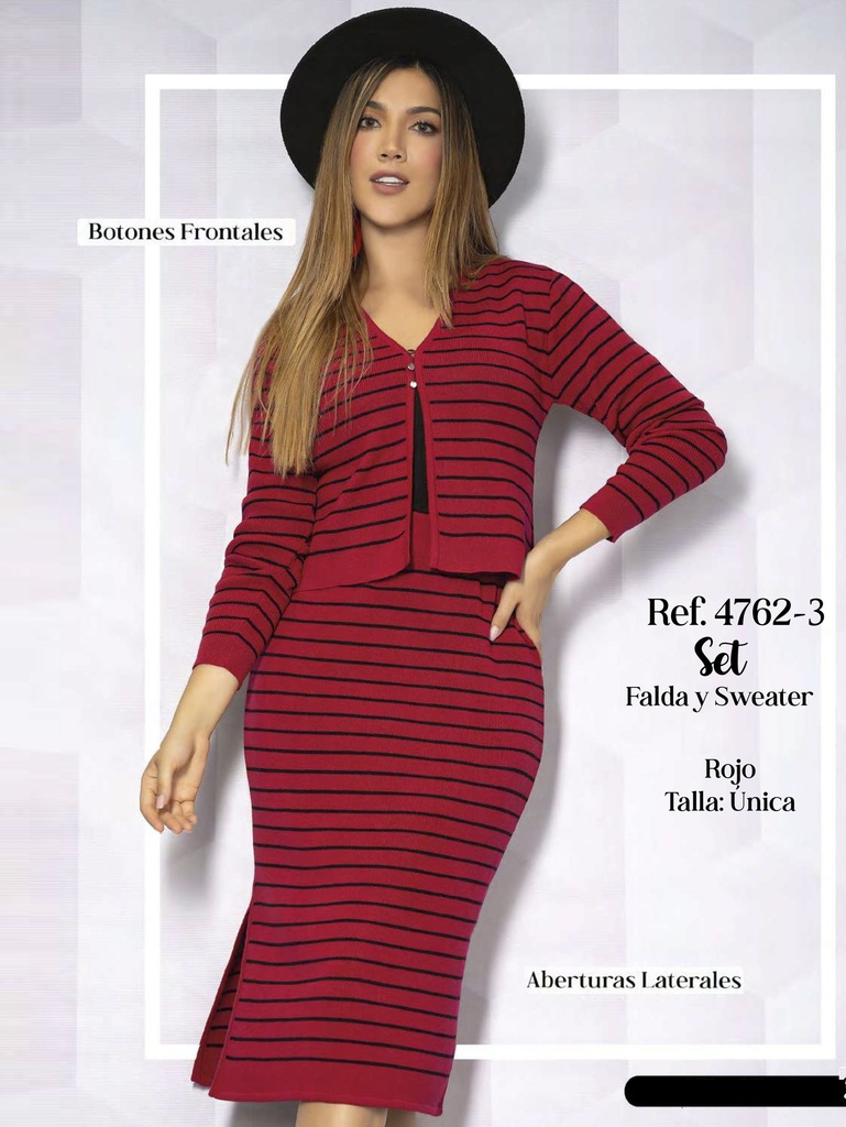 [34647623] Conjunto de 2 Piezas Suéter con Escote en V y Falda Tejido Rojo con Rayas para Mujer 4702-3