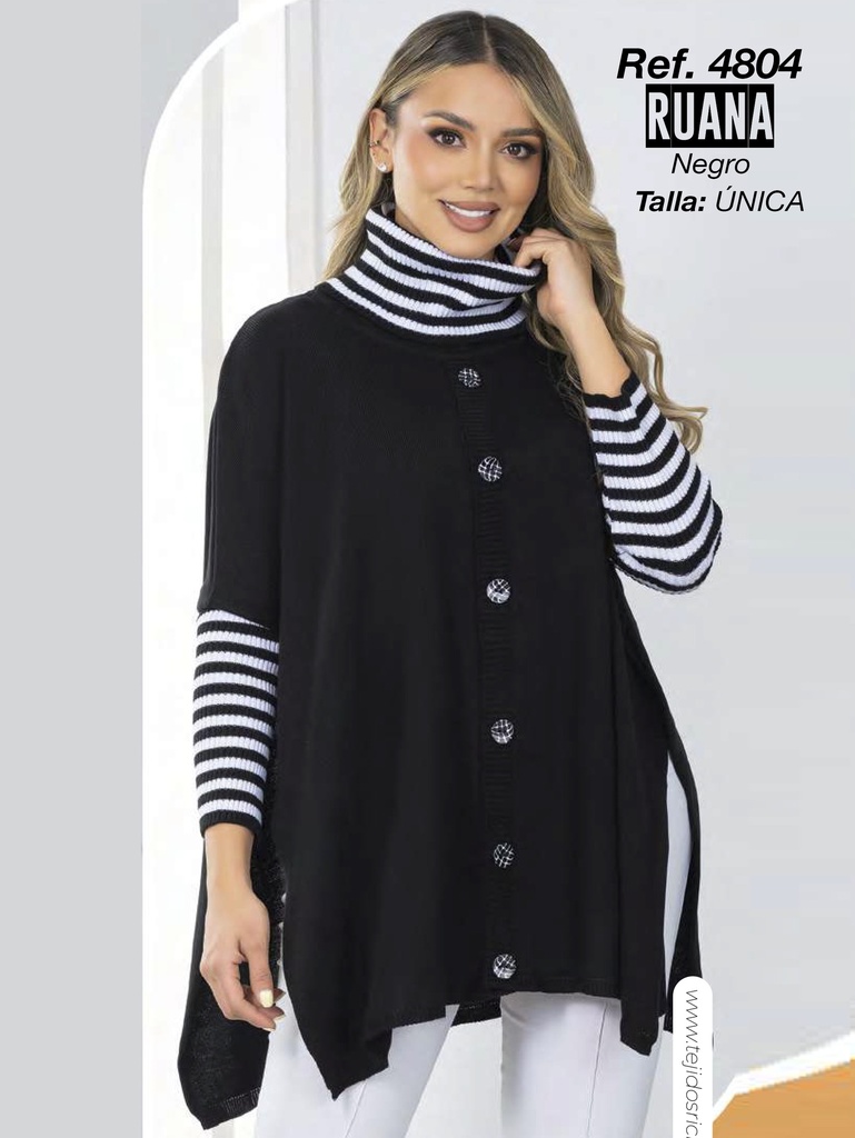 Suéter Ruana con Cuello Alto y Botones Negro con Rayas para Mujer 4804