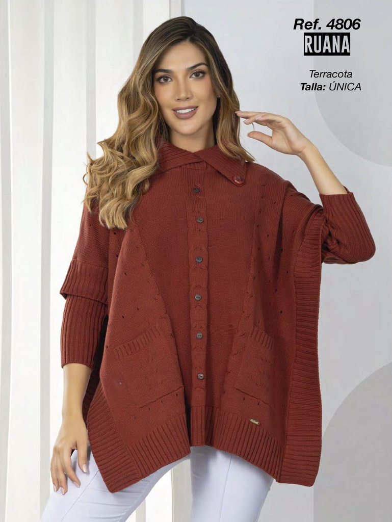 Suéter Ruana con Botones Rojo Teja para Mujer 4806