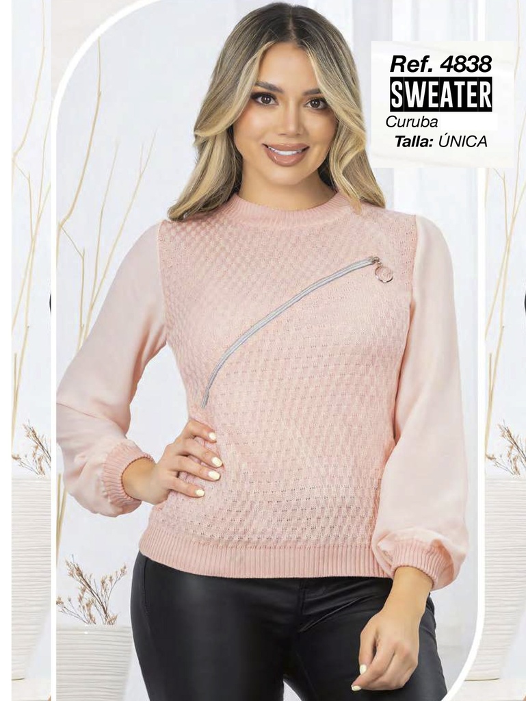 [3464838C] Women's Blush Pink Diagonal Zip Sweater Sweater 4838P