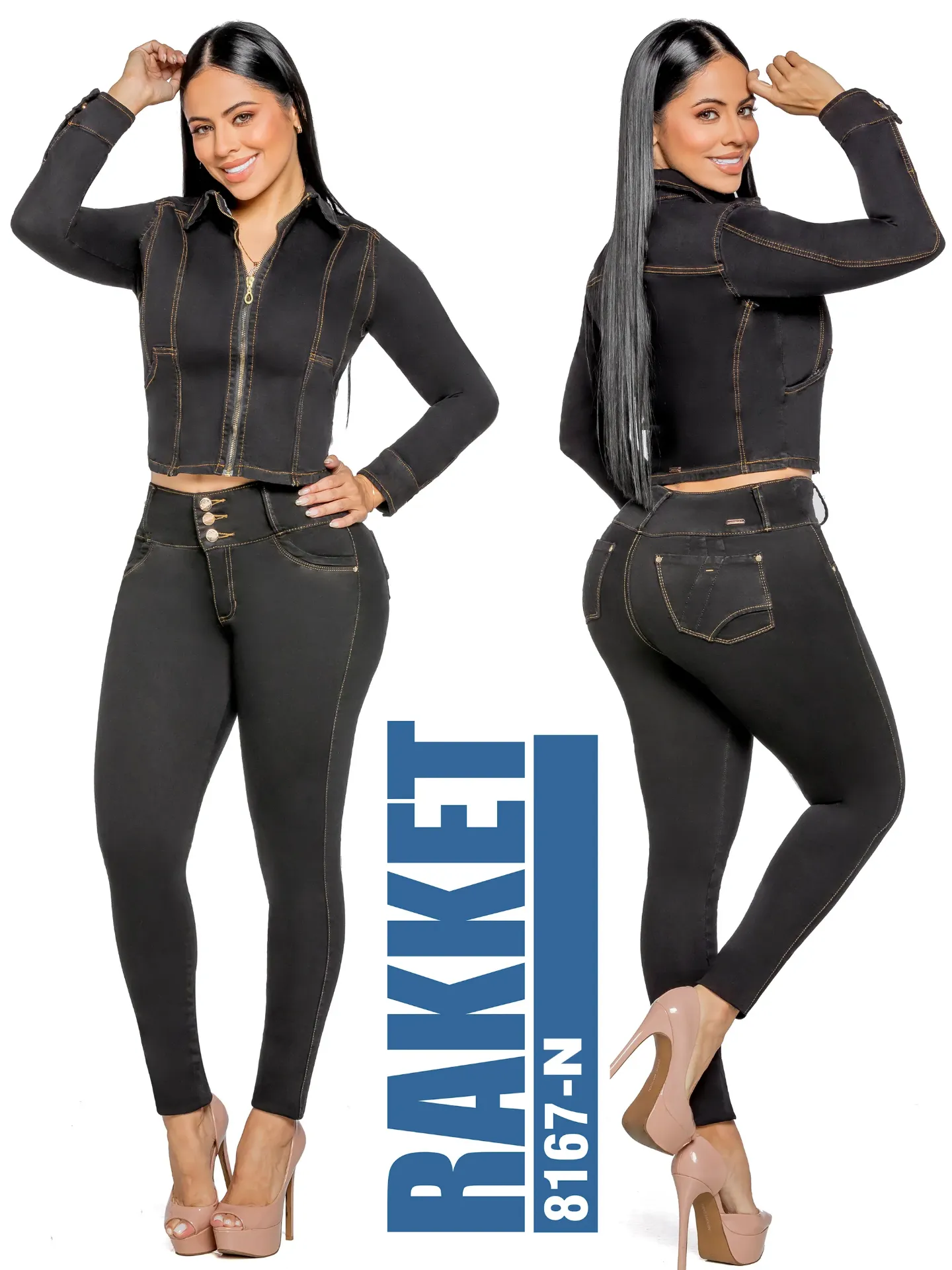 Conjunto de 2 Piezas Chaqueta y Jeans Mezclilla Negra para Mujer 8167-N