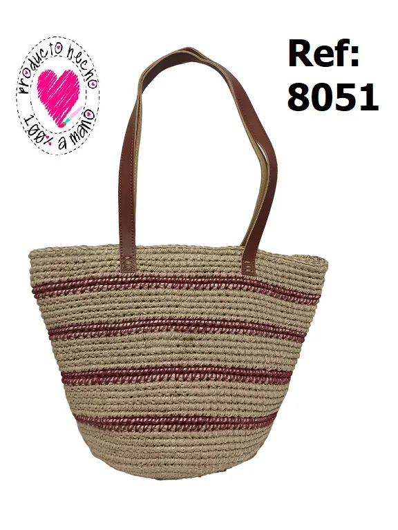 [3668051] Women's Striped Natural Leather-Handle Tote Handwoven Bag 8051