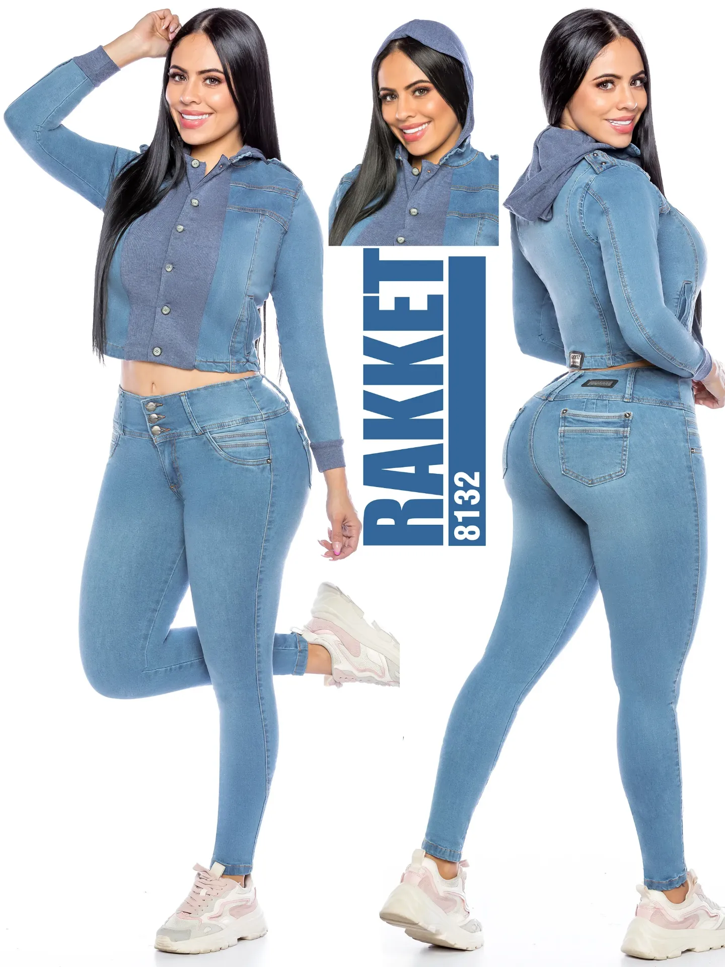 Conjunto de 2 Piezas Chaqueta con Capucha y Jeans Mezclilla Clara para Mujer 8132