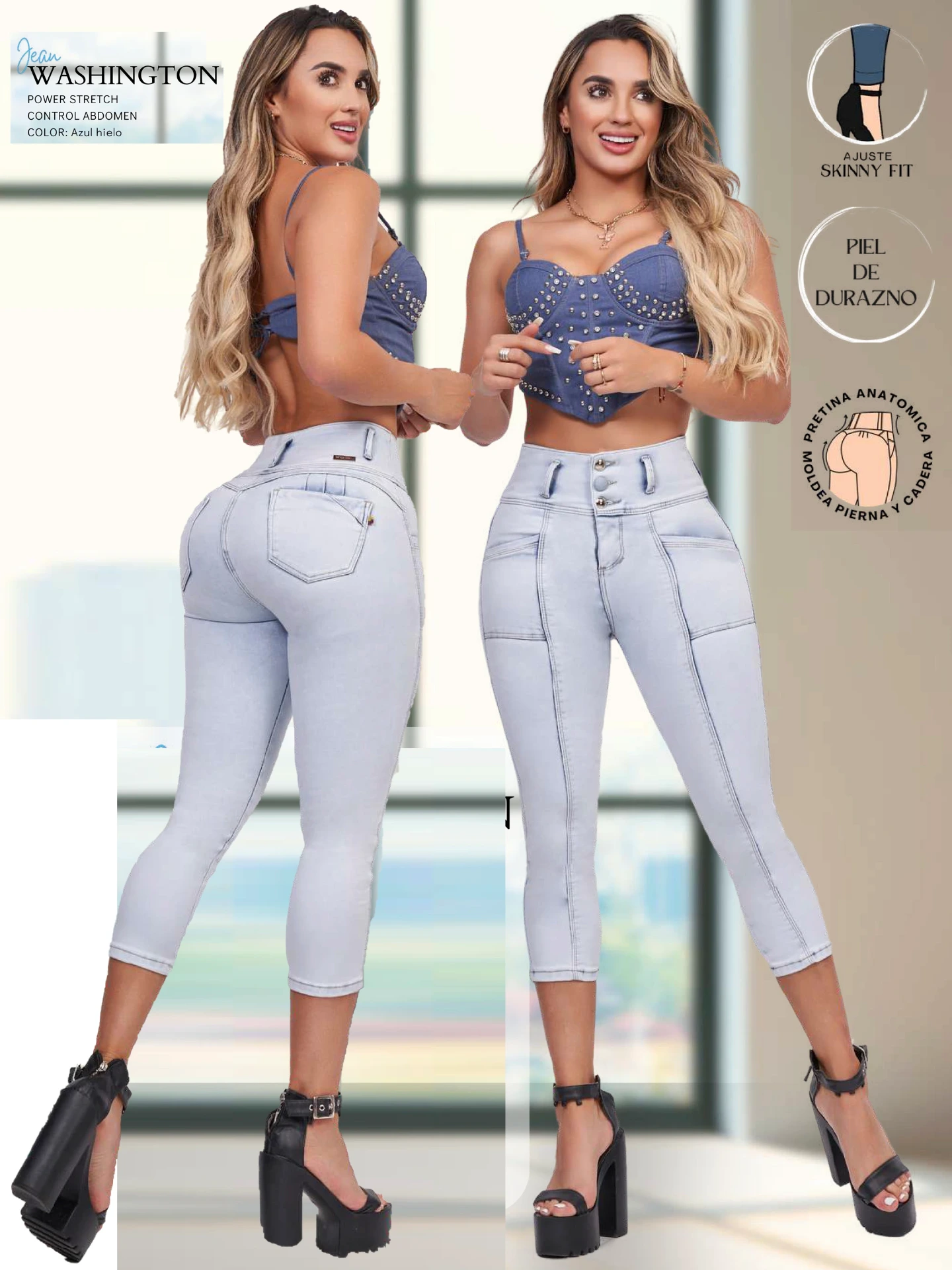 Jeans Capri Tiro Alto Levantacola Gris Claro para Mujer Washington
