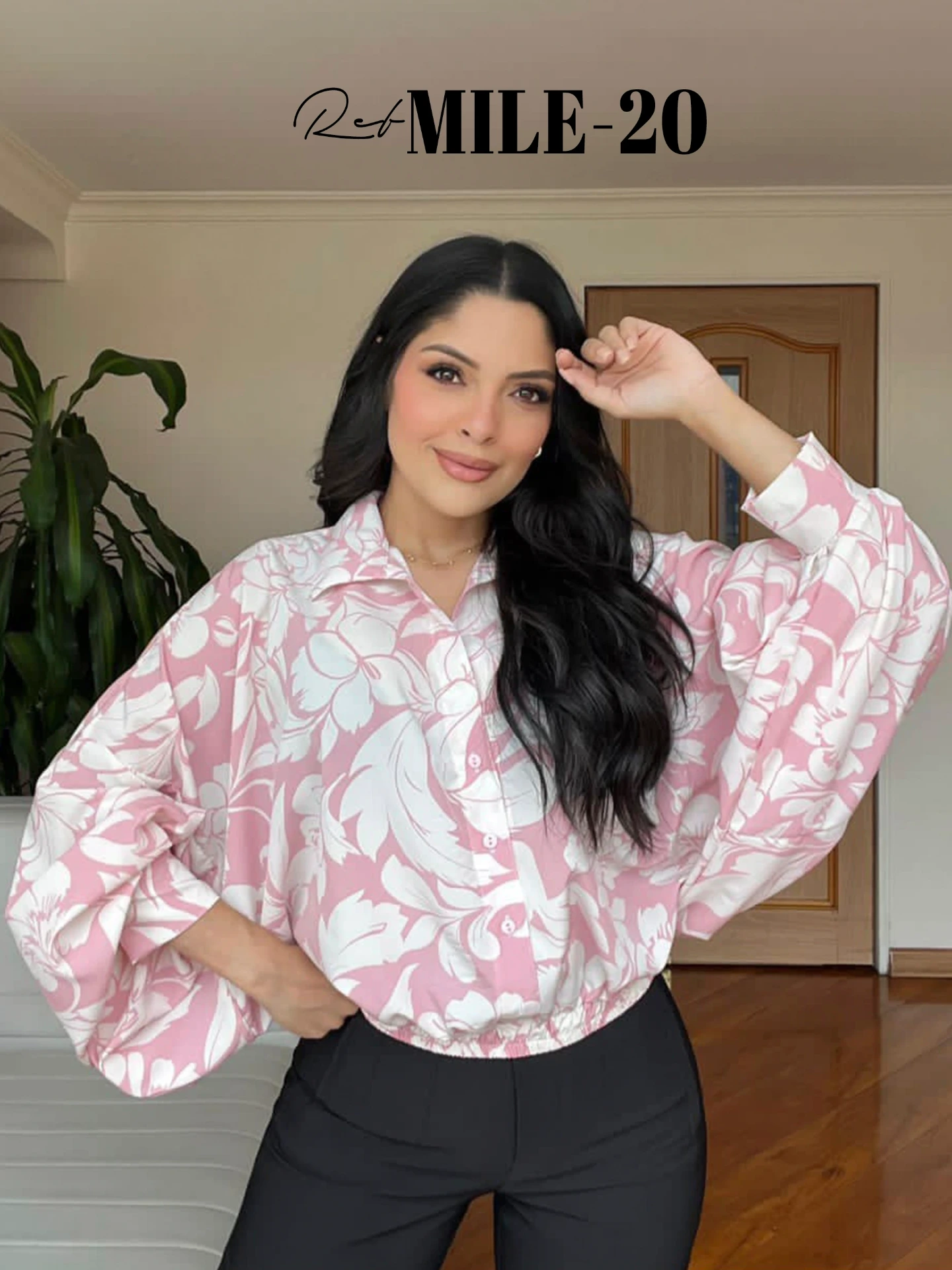 Women's Pink & White Print Oversized Shirt Blouse MILE-20