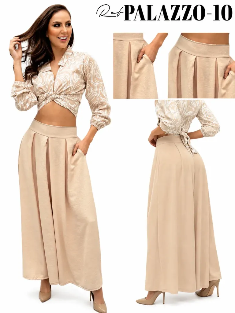 [372PALAZZO10L] Women's Cream Palazzo Wide Leg Pants Palazzo 10