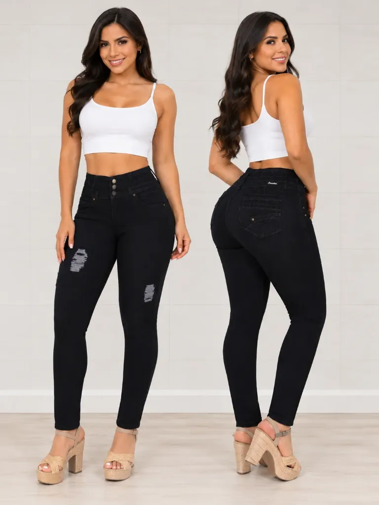 Jeans Levantacola Rotos Ajustados Negro para Mujer 37625105