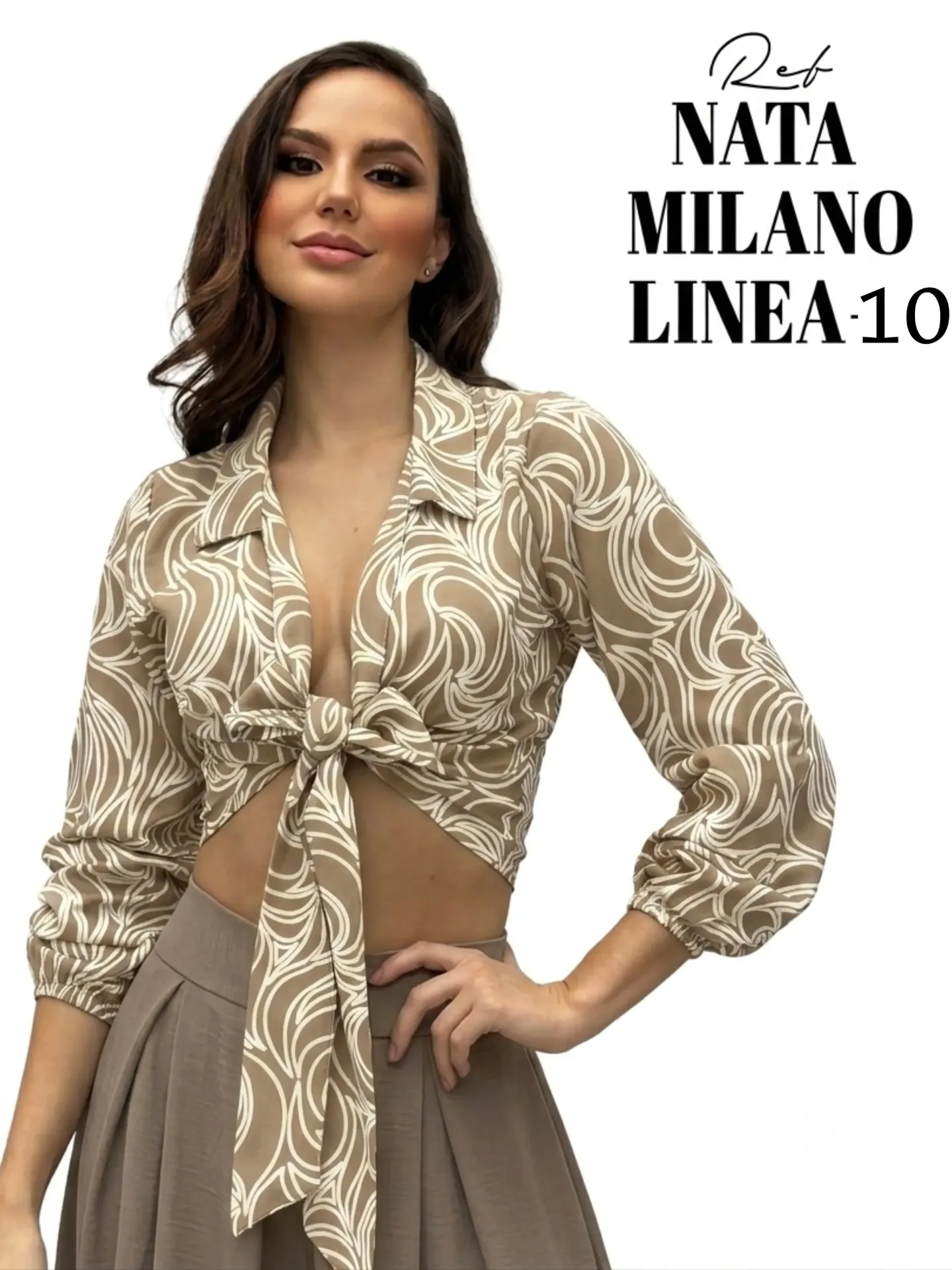 [372NATAMILANOLINEAS10] Women's Beige Print Tie-Front Blouse Linea 10