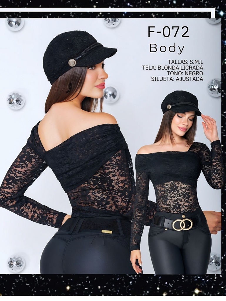 [287F072M] Women's Black Lace Off Shoulder Long Sleeve Bodysuit F-072