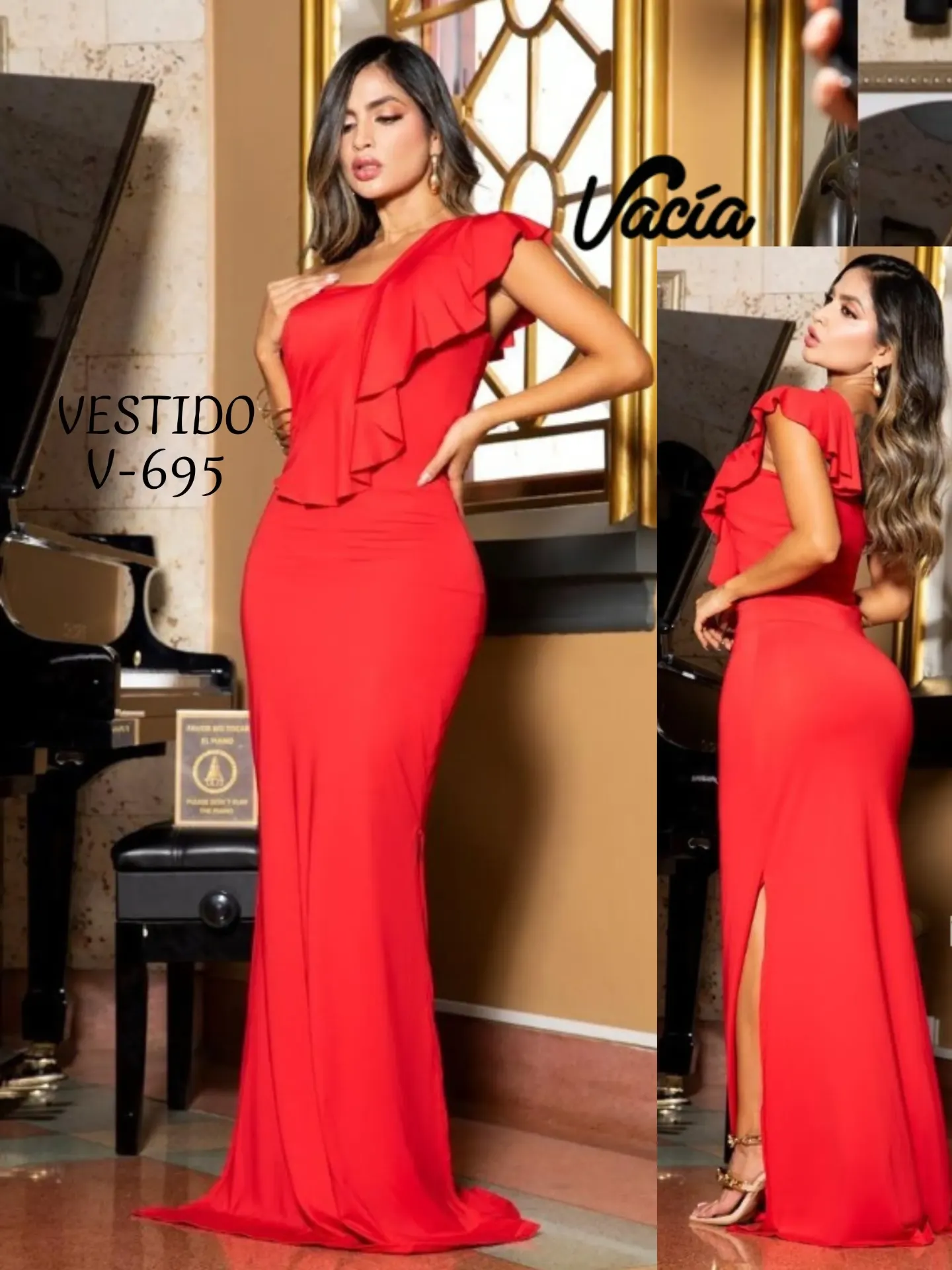 [265V695] Women's Red One-Shoulder Ruffle Maxi Dress V-695