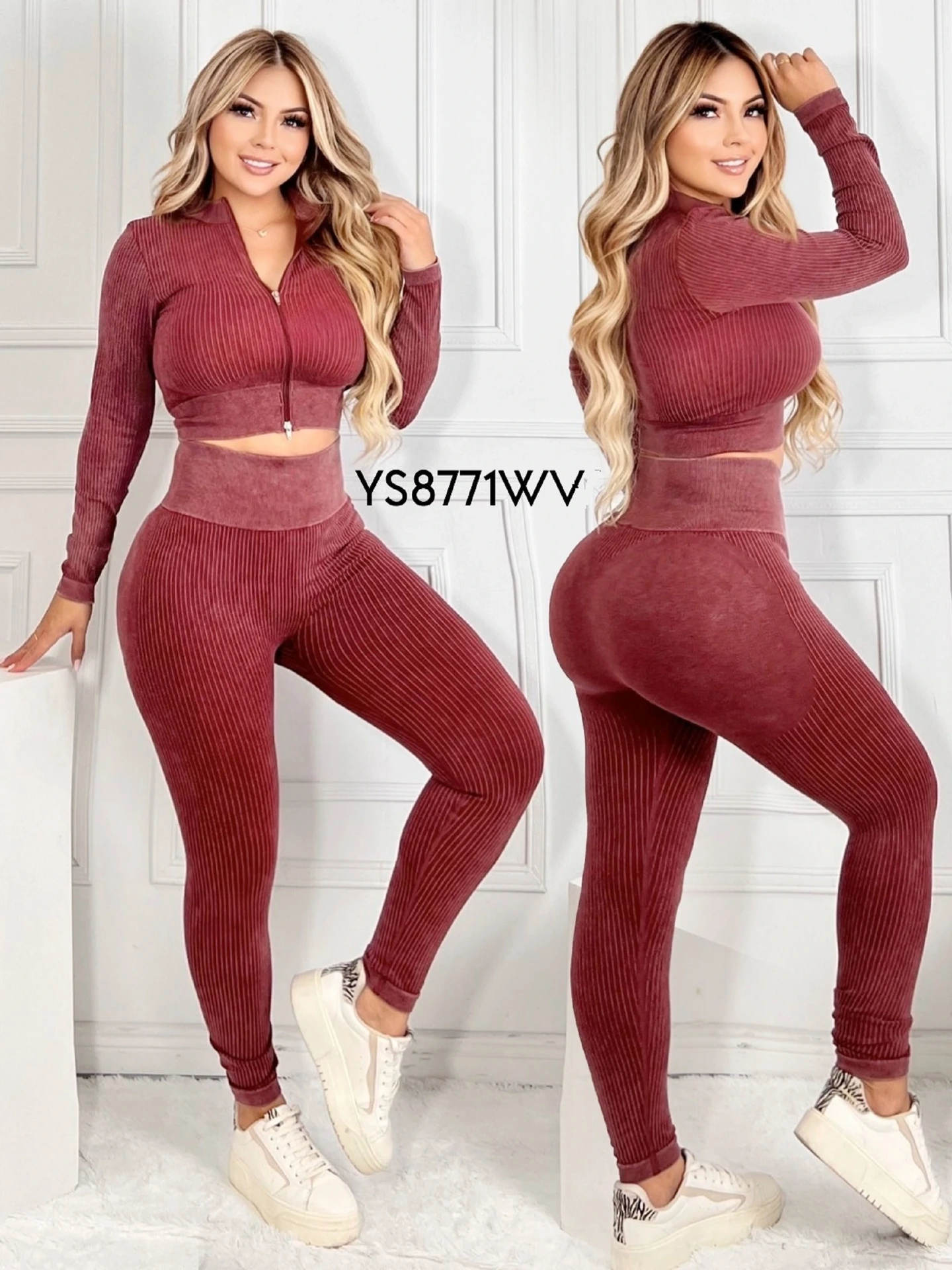 Women's Burgundy Ribbed Zip Top & Leggings Activewear Set YS8771-VS