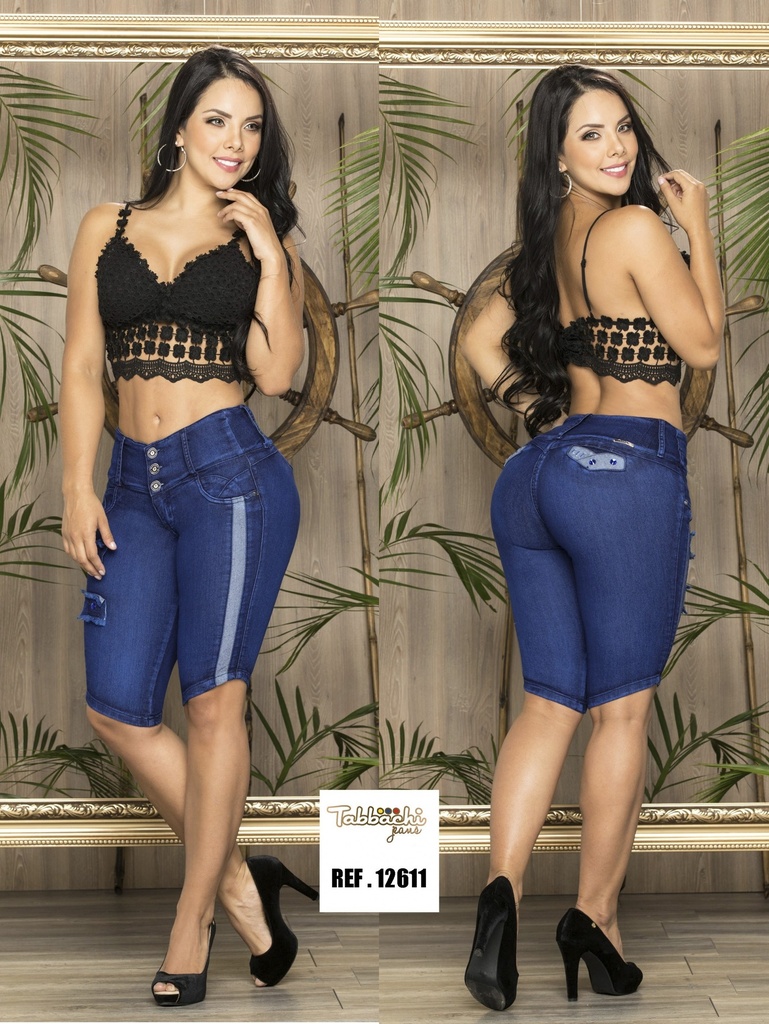 Short Bermuda de Mezclilla con Panel Lateral Azul Marino para Mujer 12611T