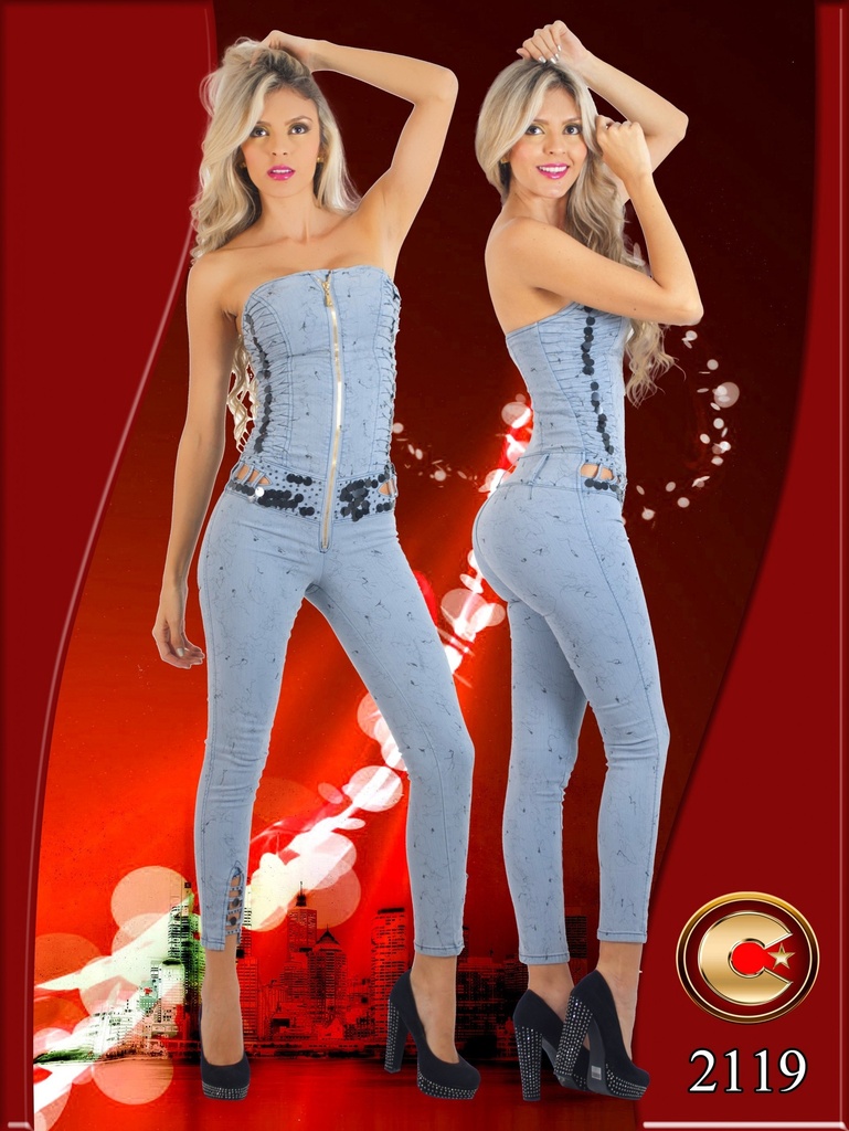 Women's Light Denim Strapless Zip Front Jumpsuit 2119