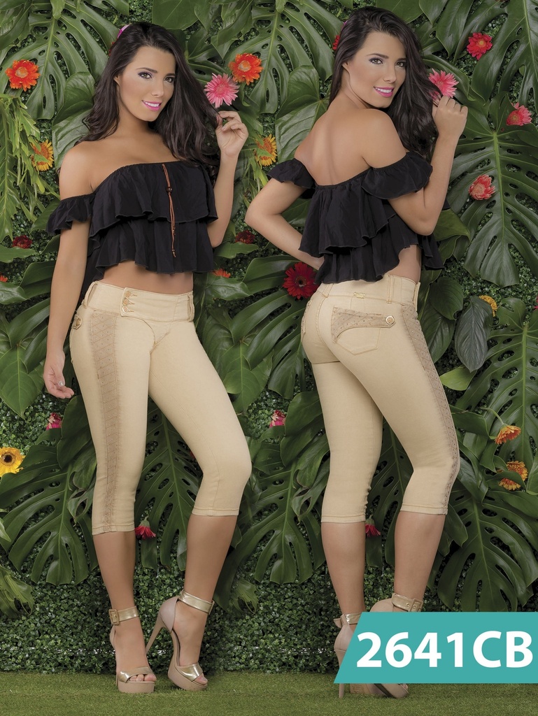 Women's Beige Butt Lift Capri Jeans 2641CB