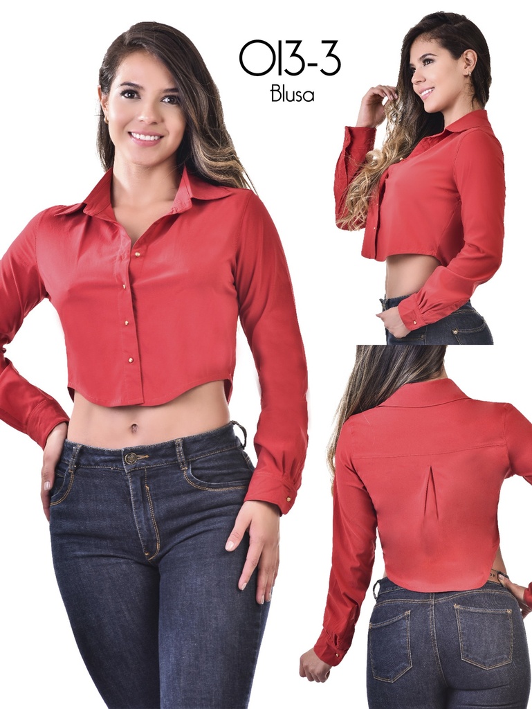 [1070133M] Women's Red Cropped Button-Up Blouse 013-3 (M)