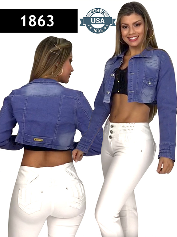 [1081863S] Women's Blue Denim Cropped Denim Jacket Jacket 1863 (S)