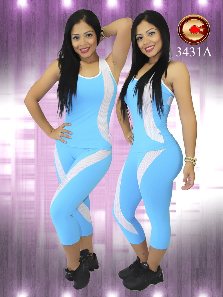 [118343103] Women's Sky Blue & White Sleeveless Capri Jumpsuit Activewear Set 3431A