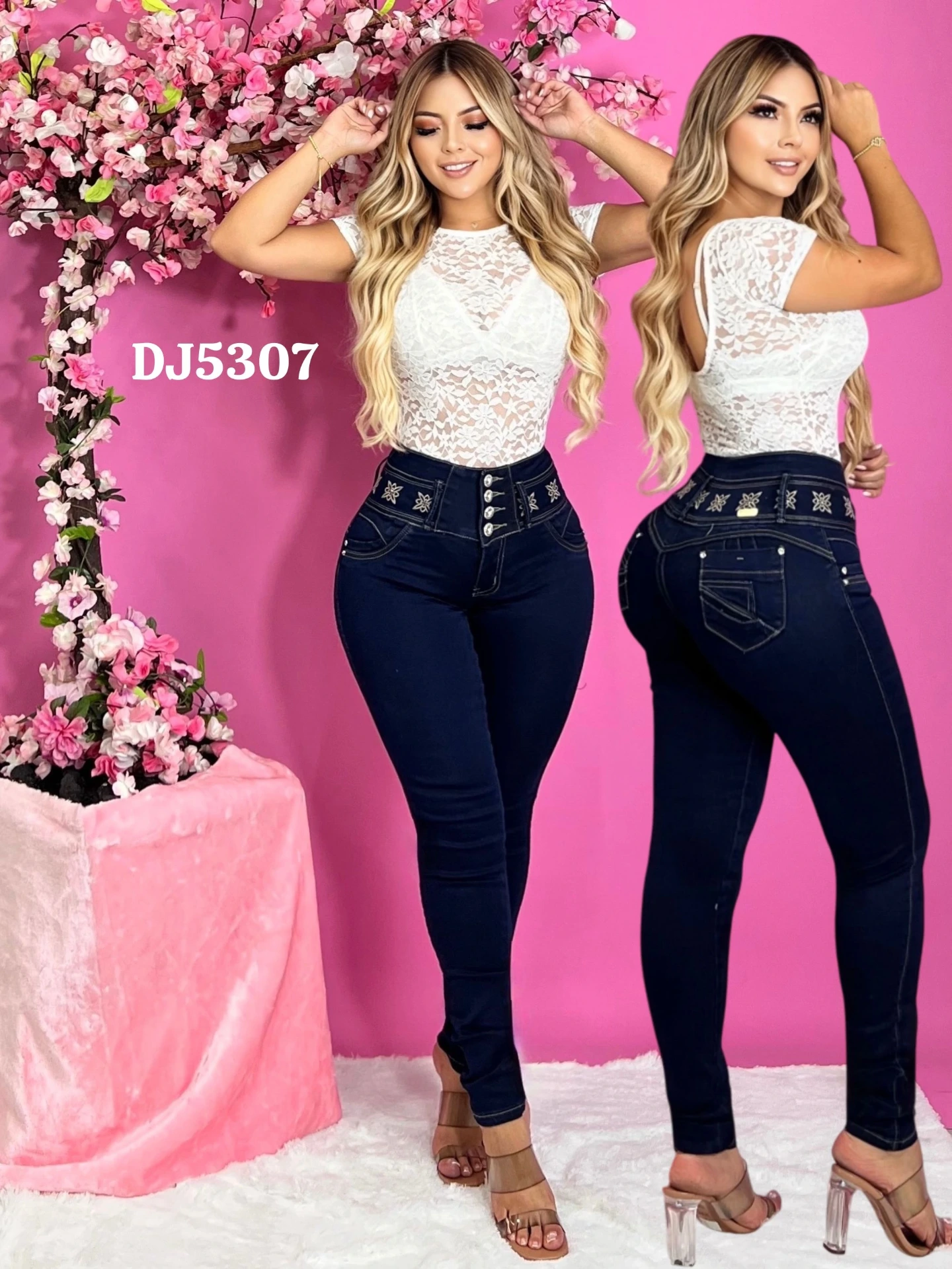 Jeans Tiro Alto Levantacola Ajustados Azul Marino Oscuro para Mujer DJ5307