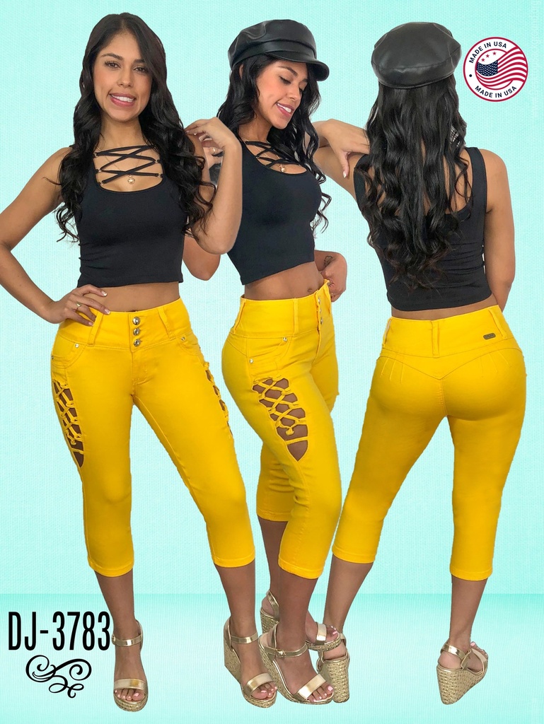 Jeans Capri Desgastado Levantacola Amarillo Mostaza para Mujer DJ-3783