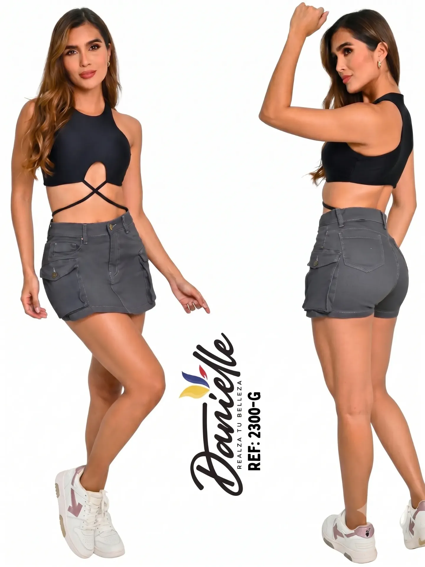 [1092300G05] Falda Short Bolsillos Cargo Gris para Mujer 3300-G (5)