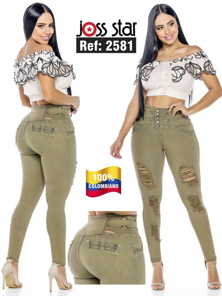 Jeans Levantacola Rotos Ajustados Verde Oliva para Mujer 2581