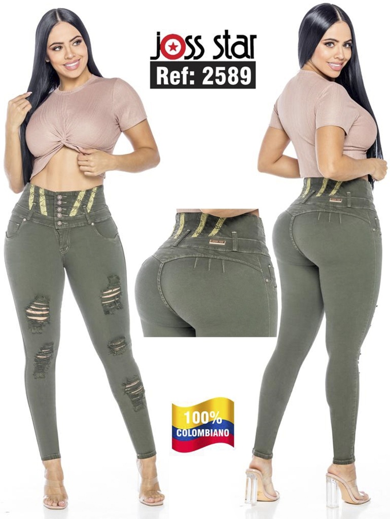 Jeans Levantacola Rotos Ajustados Verde Oliva para Mujer 2589