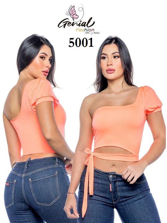 Blusa Colombiana Coral de un Hombro 5001 – Manga Globo