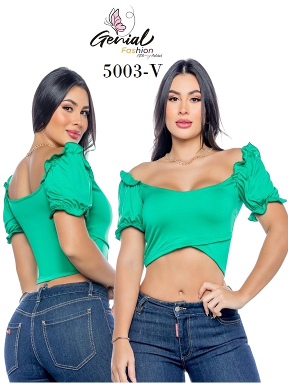 Crop Top Hombros Descubiertos Mangas Abullonadas Verde para Mujer 5003-V