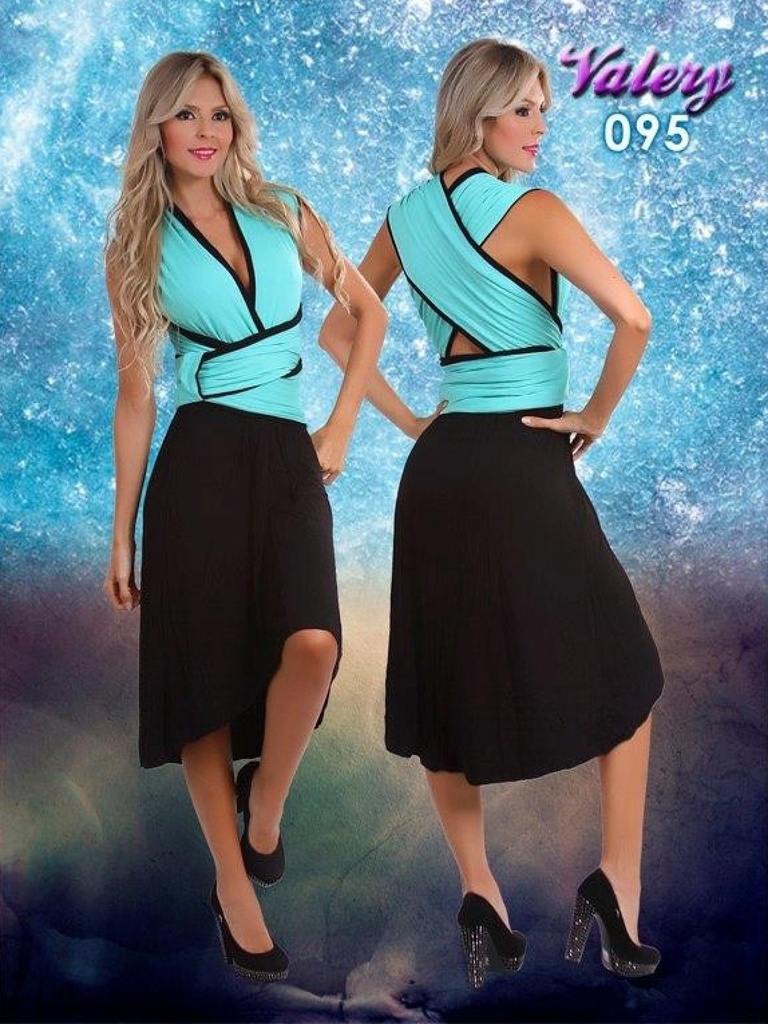 Conjunto de 2 Piezas Chaleco y Falda Asimétrica Aqua y Negro para Mujer 028