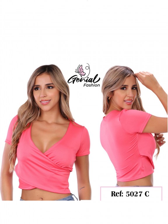 Women's Pink Wrap Short-Sleeve Crop Top 5027C