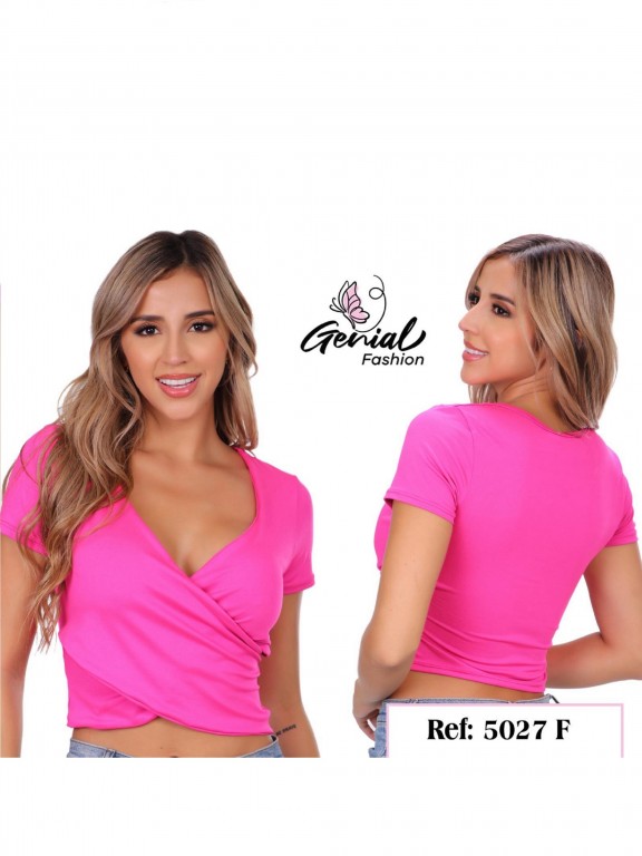 Crop Top Cruzada Manga Corta Fucsia para Mujer 5027F