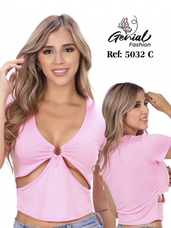 Crop Top con Abertura Manga Corta Rosa para Mujer 5032C