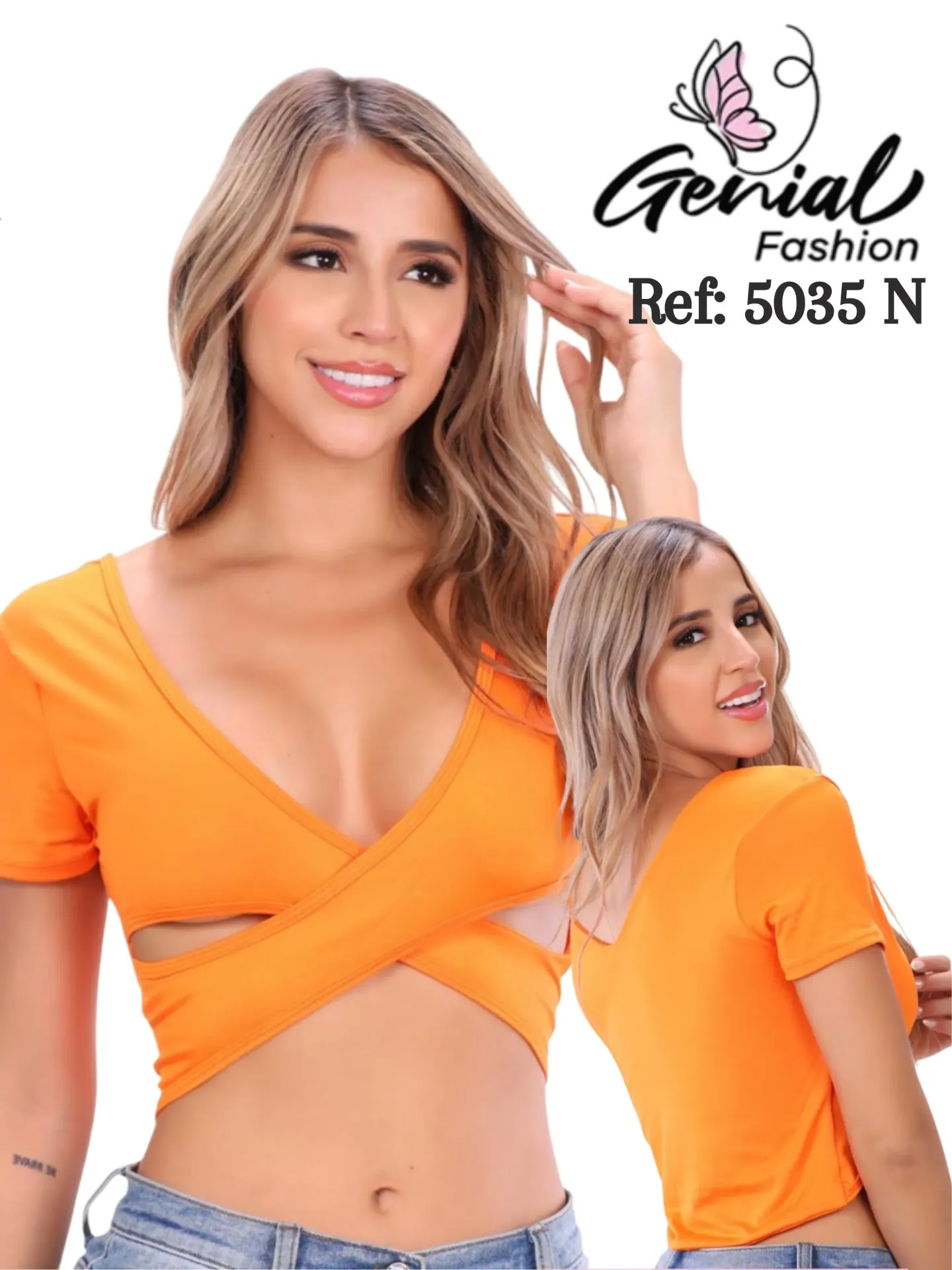 Crop Top Cruzado Manga Corta Naranja para Mujer 5035N