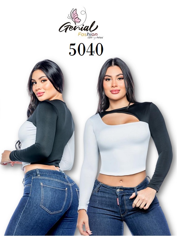 Crop Top Manga Larga con Abertura Blanco para Mujer 5040