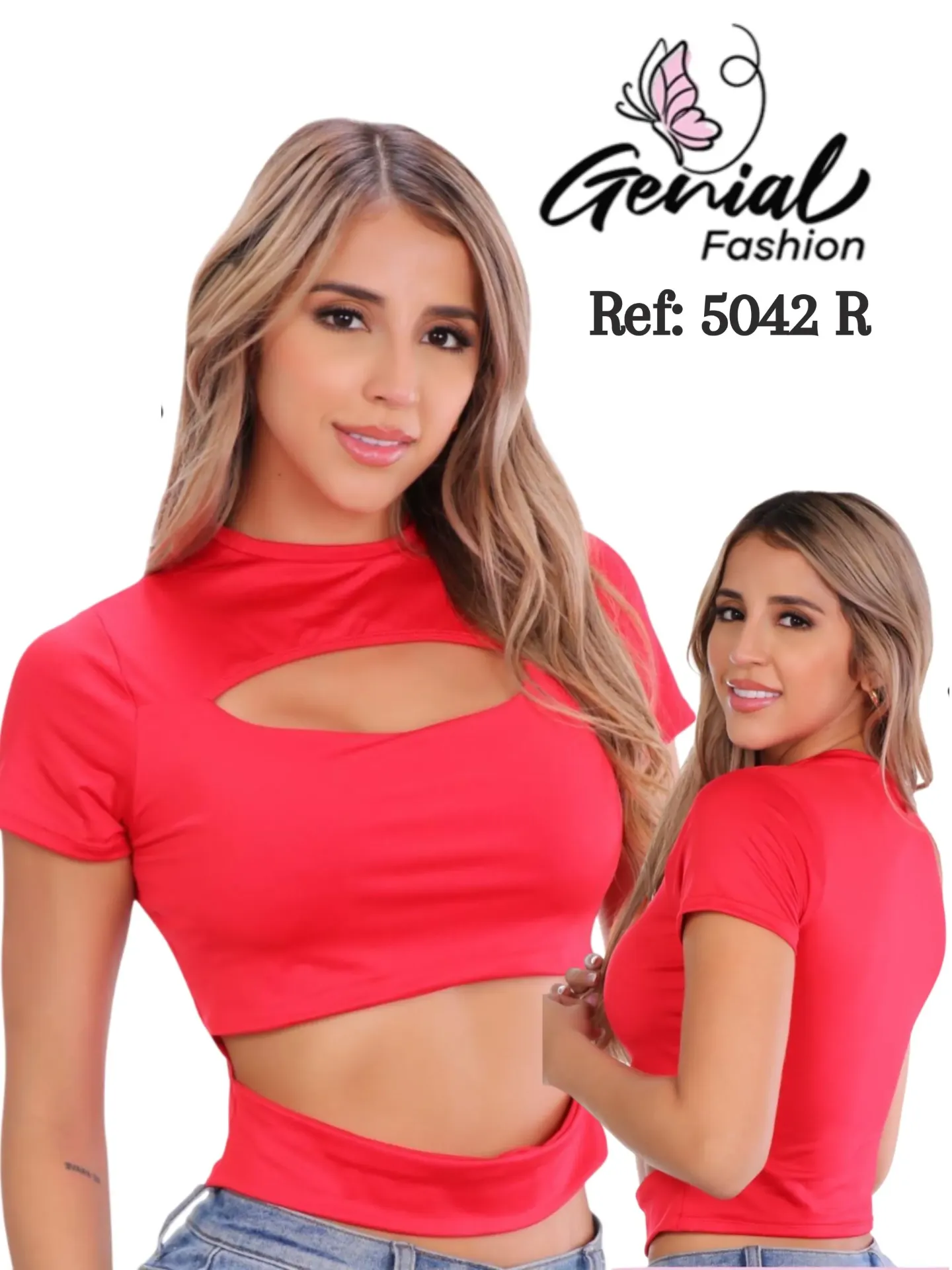 Crop Top con Abertura Manga Corta Rojo para Mujer 5042R