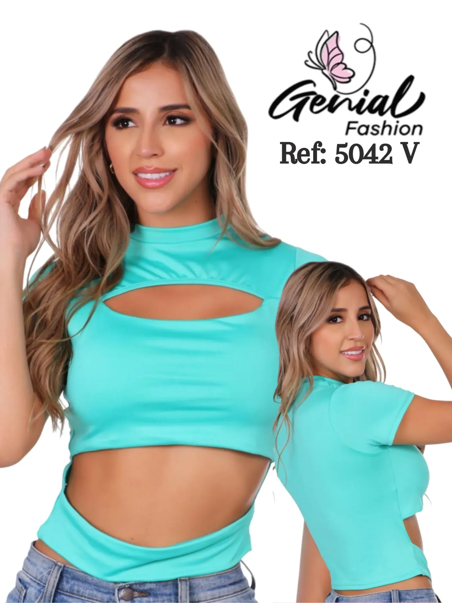 Aqua Cutout Crop Top 5042 – Mock Neck Colombian Blouse