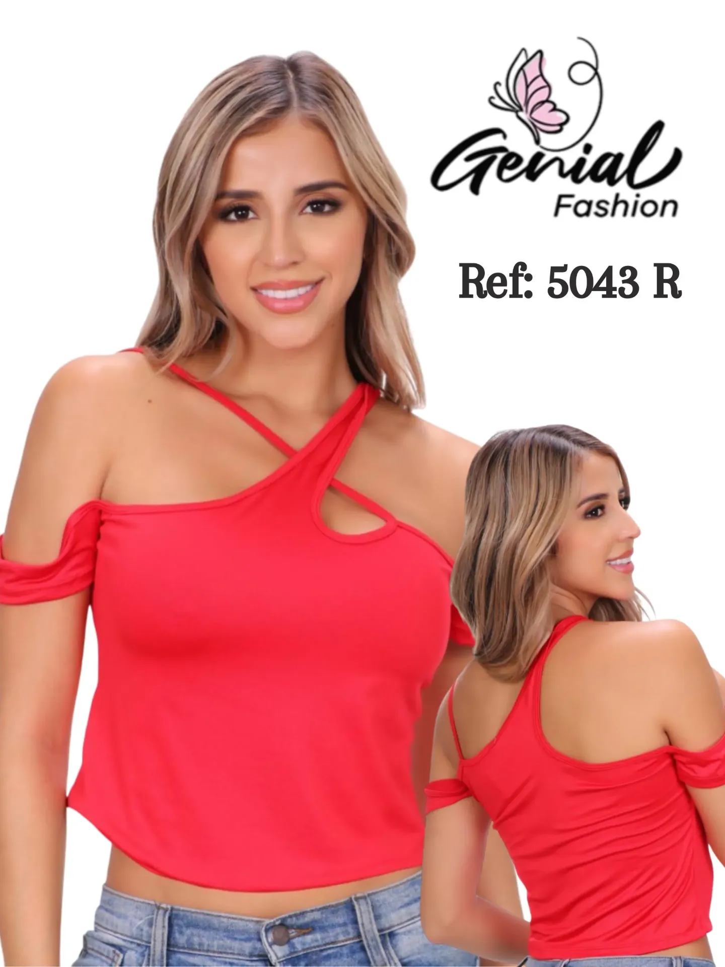 Women's Red Asymmetric Cold-Shoulder Blouse 5043R