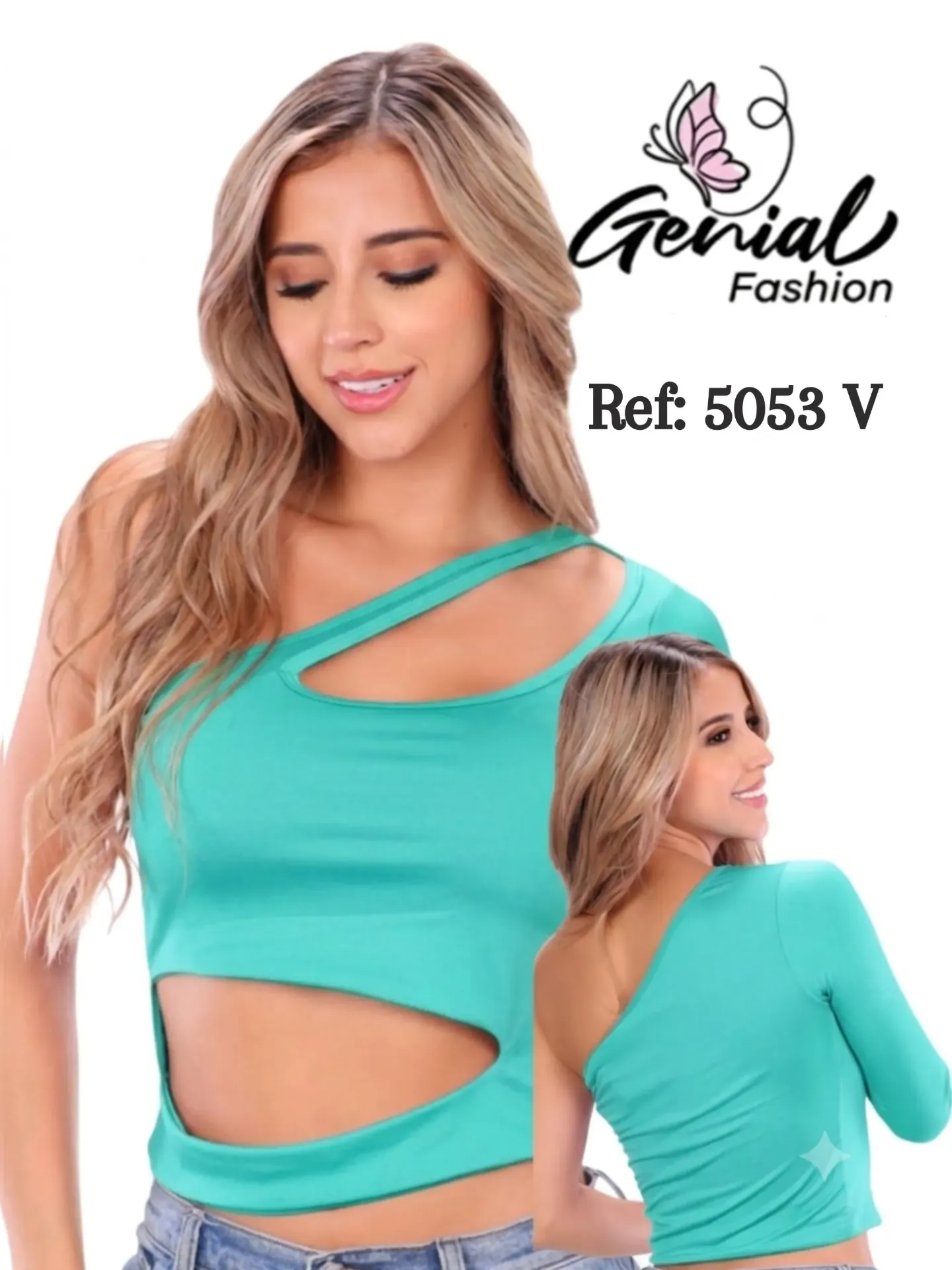 Crop Top Asimétrico con Abertura Verde Azulado para Mujer 5053V