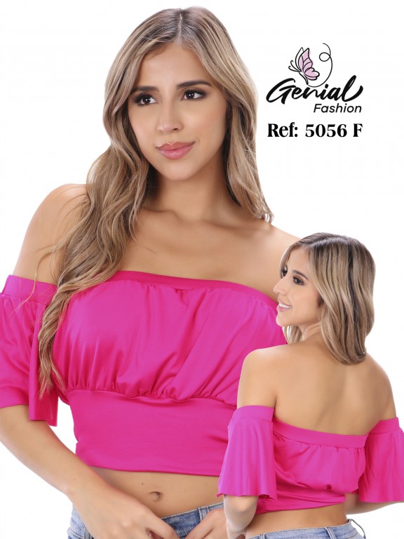 Crop Top Hombros Descubiertos con Volantes Fucsia para Mujer 5056F