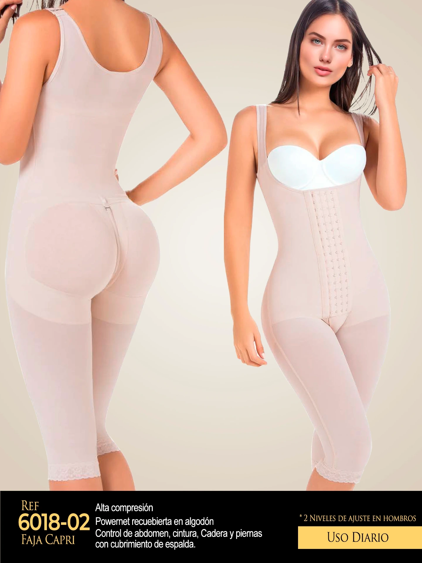 [1106018S02] Women's Beige Knee Length Full Body Shaper Shapewear Body Shaper 6018-02 (S)