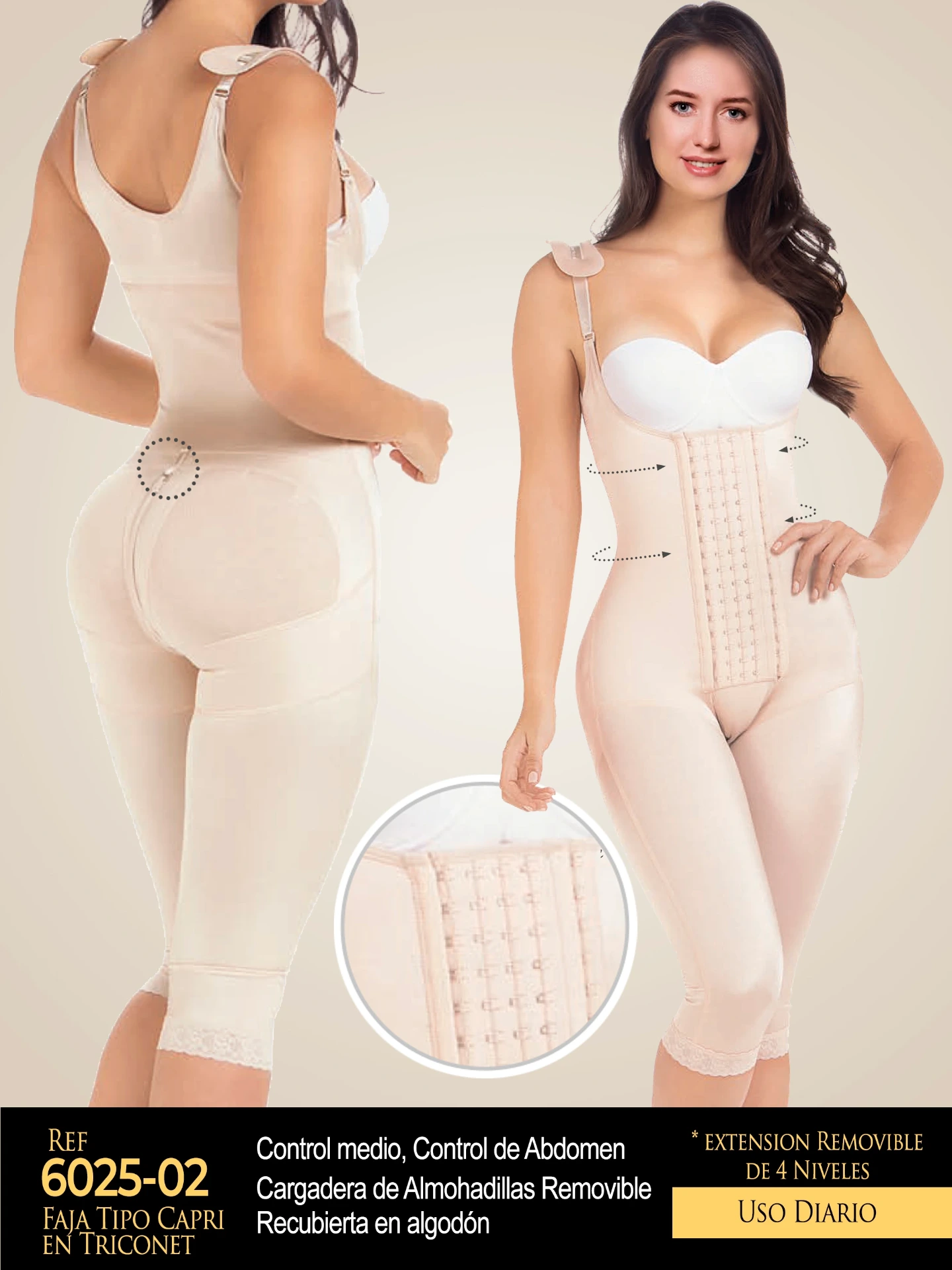 [1106025S02] Women's Beige Open Bust Knee Length Body Shaper Shapewear Body Shaper 6025-02 (S)
