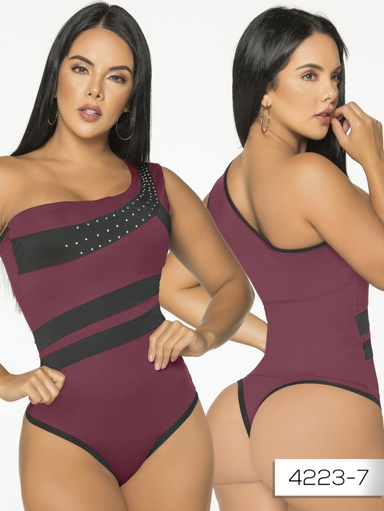 Body Un Hombro con Franjas de Malla Vino Tinto para Mujer 4223-7