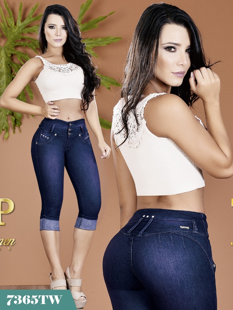 [1237365TW01] Jeans Capri Dobladillo Levantacola Lavado Oscuro para Mujer 7365TW (1)
