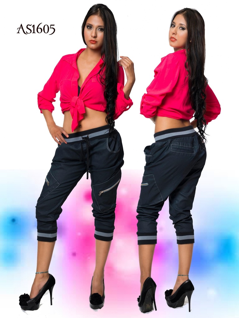 Women's Navy Black Cuffed Hem Butt Lift Capri Jeans AS1605