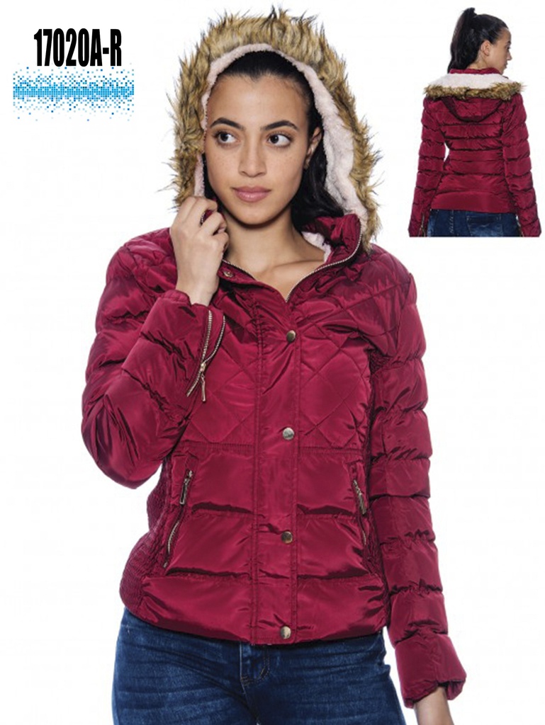 Chaqueta Acolchada con Capucha de Pelo Vinotinto para Mujer 17020A-R