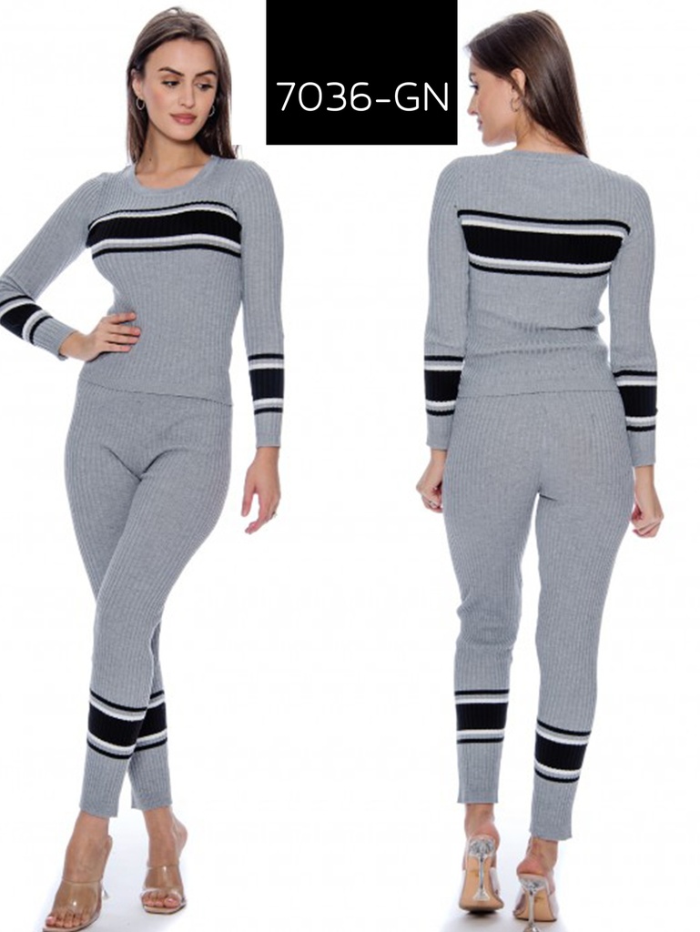 [2007036GNM] Women's Gray Striped Knit Sweater & Leggings Two-Piece Set 7036-GN (M)
