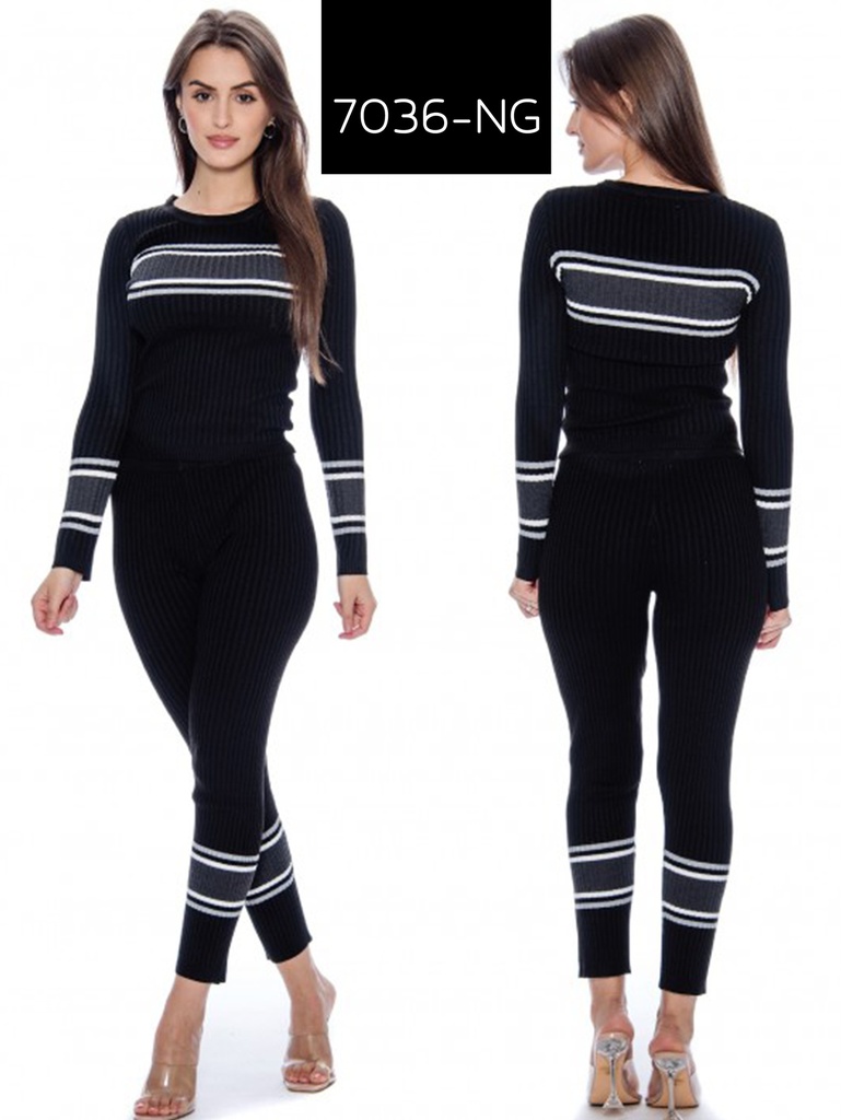 [2007036NGL] Women's Black Striped Knit Sweater & Leggings Two-Piece Set 7036-NG (L)
