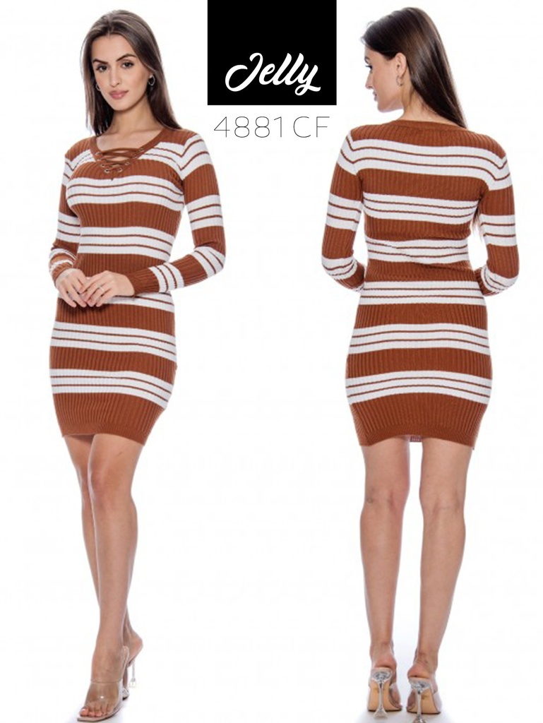 [200JELLY4881CFS] Women's Brown & White Striped Striped Sweater Bodycon Dress 4881CF (S)
