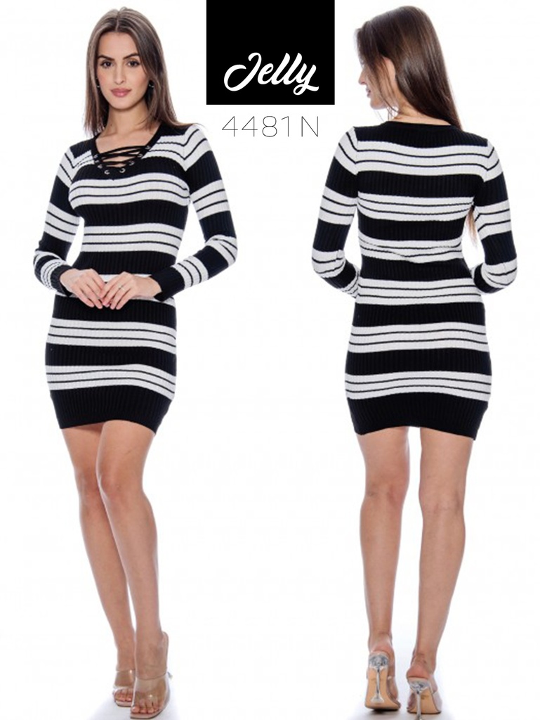 Vestido Ajustado de Punto a Rayas Rayas Negro y Blanco para Mujer 4881 N