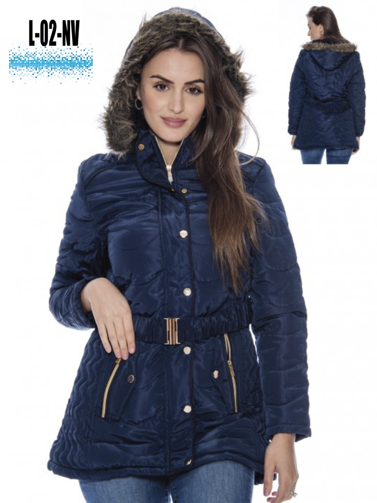 Chaqueta Acolchada con Cinturón y Capucha Azul Marino para Mujer L-02-NV
